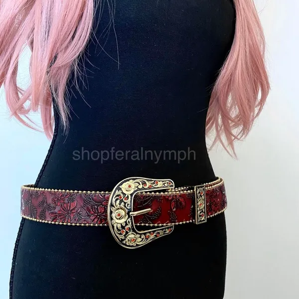 Red Floral Embossed Rose Buckle Western Y2K Belt, Fits 32.5-41 Inches, X7GA1290 - Image 5