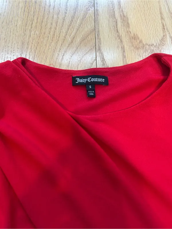 Juicy Couture Dress Womens Small S Red Jersey Ruched Asymmetric Long Sleeve Mini - Image 4