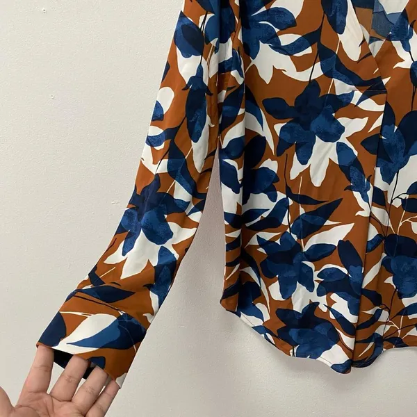 Ann Taylor Factory Women Rusty Orange White Blue Floral Blouse Long Sleeve Sz L - Image 7