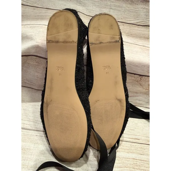ZARA 37 / 6.5 women's black ballet flat slipper lace ankle tie shoe tweed ribbon - Image 5