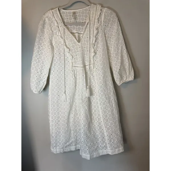 Anthropologie White Eyelet V Neck Mini Dress Tassels Sz 0 NEW - Image 4