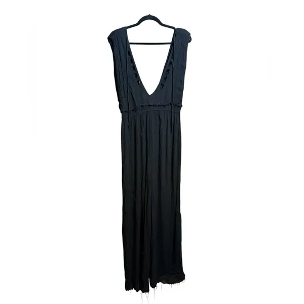 Free People Black Wide Leg Jumpsuit Deep V Neck Boho Flowy‎ Silhouette Sz S - Image 2