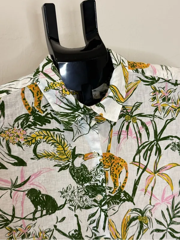 Rachel Zoe 100% Linen Tropical Jungle Animal Print Button Down Shirt S - Image 3