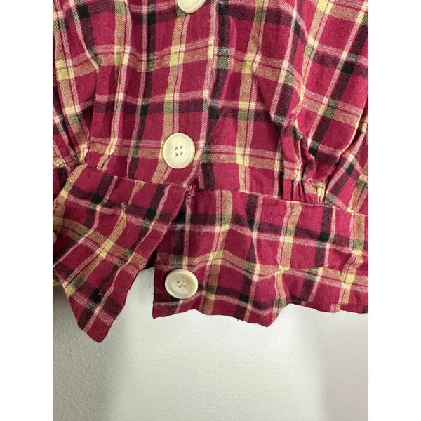 Eggka Peasant Milkmaid Crop‎ Top Red Cream Plaid Long Sleeve Button Front Small - Image 6