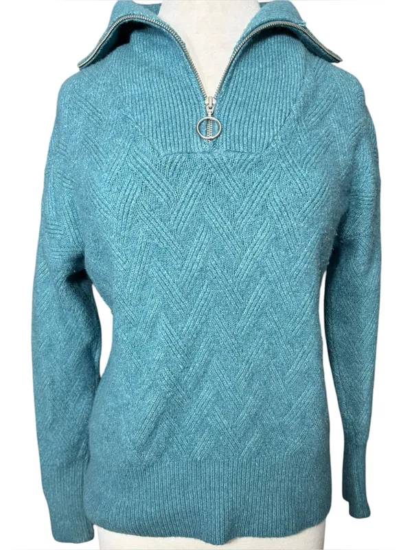 Rachel Zoe Teal Blue Chevron Zip Pullover Sweater (Size S) - Image 2
