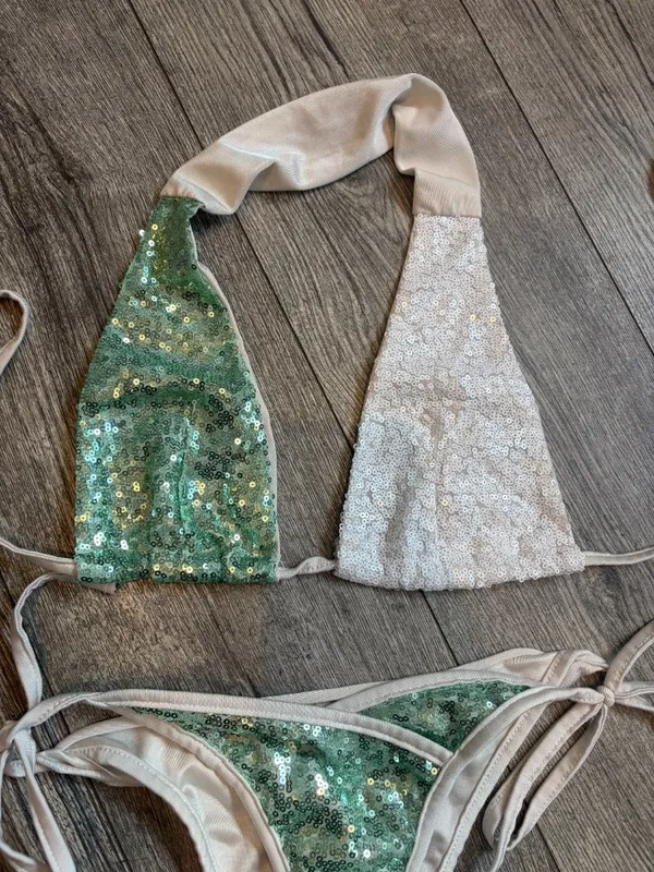 Teal and White Sequins Two-Piece Bikini Swimsuit Medium Women's Cheeky - Image 2