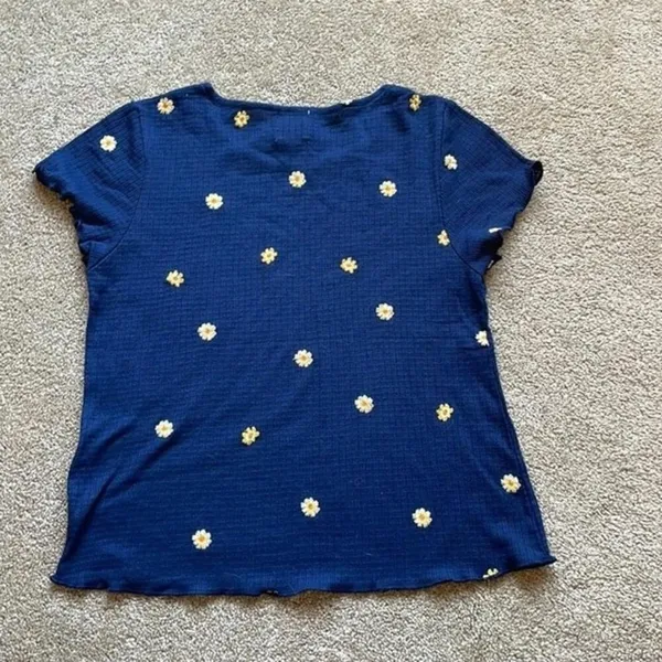Blue Rain Embroidered Sunflower‎ Baby Tee Navy Blue Size: Small - Image 5