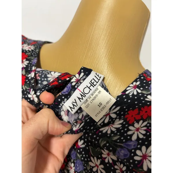 Vintage My Michelle Floral Polka Dot Lace Up Back Midi Dress 90s Black Red Sz 10 - Image 7