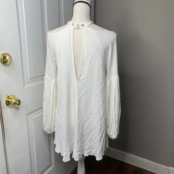 Free People white cold shoulder mini swing dress XS boho balloon sleeves bridal‎ - Image 5