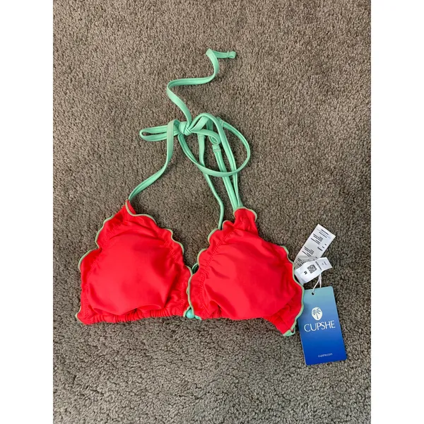 NWT Cupshe Coral Mint Ruffle Tie Bikini Set Top M Bottom L - Image 2