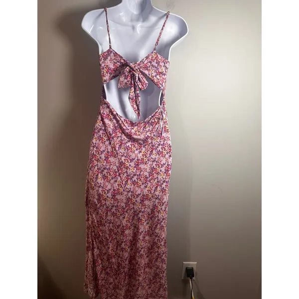 Petal + Pup Womens Floral Midi Dress Pink Purple Ruched‎ Open Tie Back Slit Sz 4 - Image 4