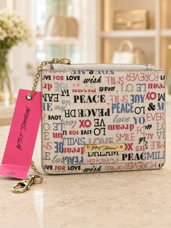 Betsey Johnson Multicolor Word Print Zip Card Holder Keychain Wallet NWT - Image 2