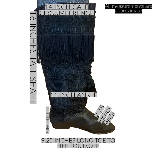 Vintage 1980'S Black Leather Fringe & Ricrac Knee High Boots (36.5) - Image 14