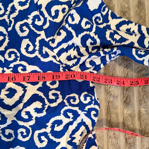 Calessa Blue‎ White Ikat Damask Tiered Cotton Mini Dress L Lined Flare Sleeve - Image 6