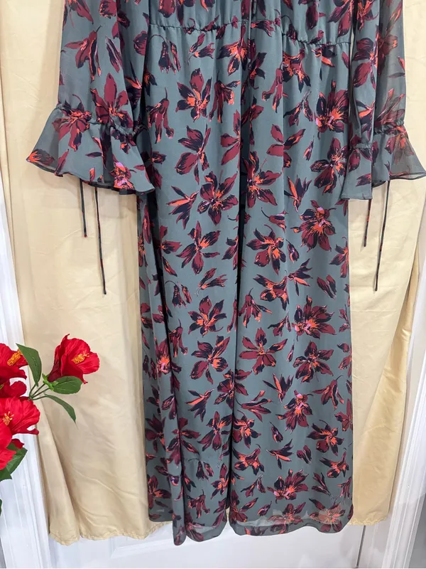 Madewell Green Floral Winter Orchid Willowleaf Tie Sleeves Maxi Dress 10 - Image 10