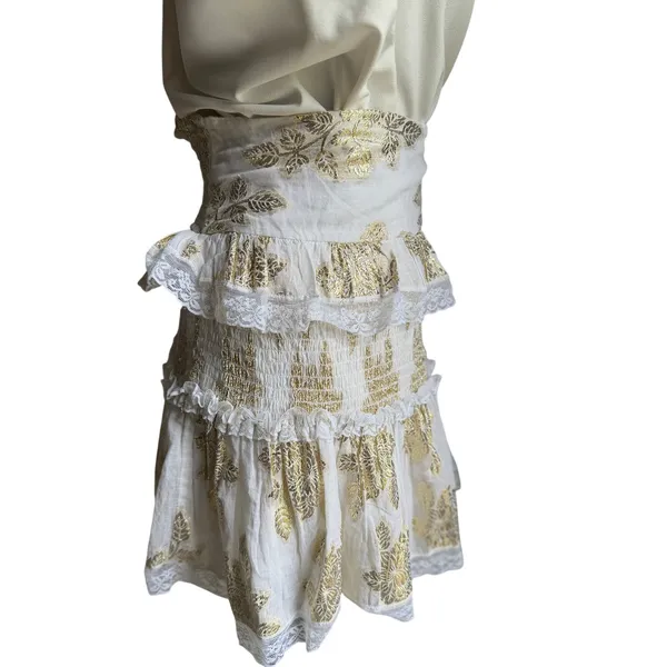Cotton Mini Skirt Boho White Gold Lurex Smocked Romantic Size L Chloe Laetitia - Image 5