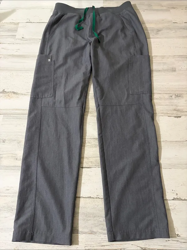 Figs Gray V-Neck Scrub Top & Pants with Green Drawstrings Size Medium - Image 2