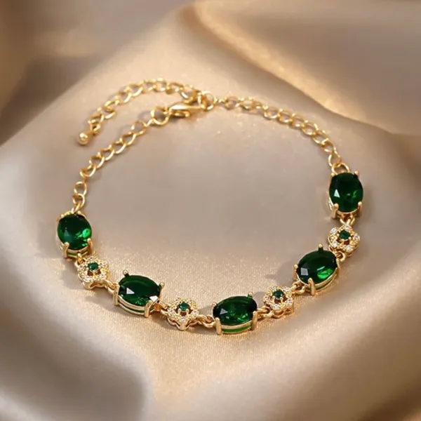 18K Gold Plated Green Crystal Emerald Charm Bracelet for Women - Image 2