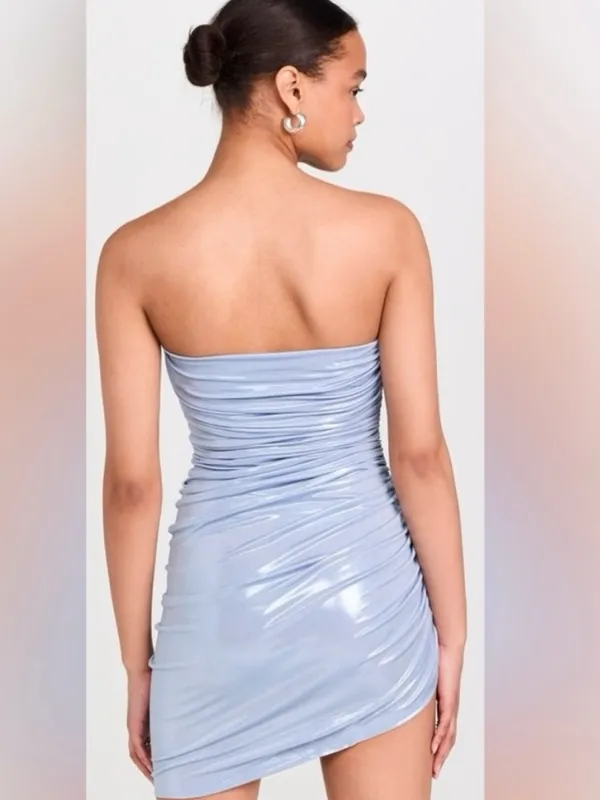 Norma Kamali Strapless Diana Pickleball Dress in Misty Blue Metallic XS New - Image 3