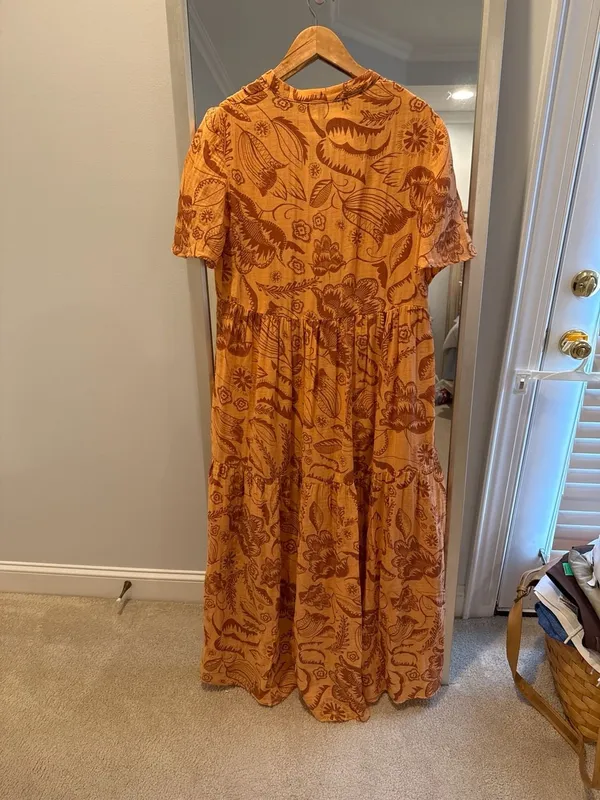 Anthropologie Somerset Maxi Dress Orange Woodblock Floral Tiered Size M - Image 6