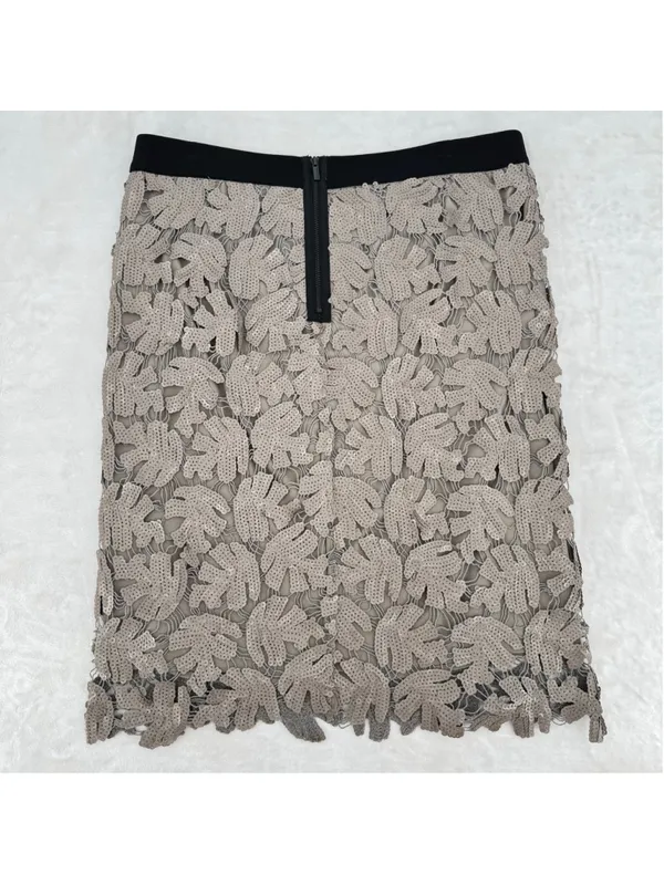 BCBGMaxazria Sequined Mini Skirt Taupe Leaves Special Occasion Chic Designer L - Image 2