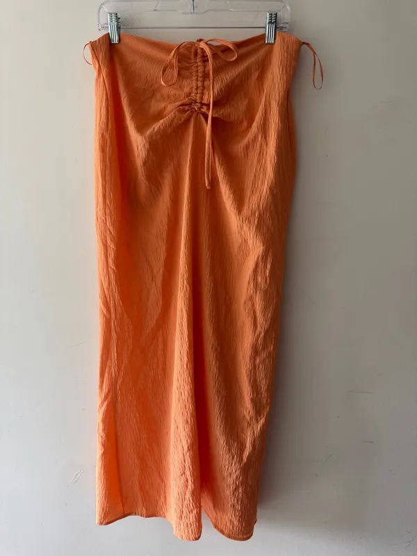 12th Tribe‎ Peachy Orange Ruched Maxi Skirt Beach Cover Up Lightweight Slit - Image 2
