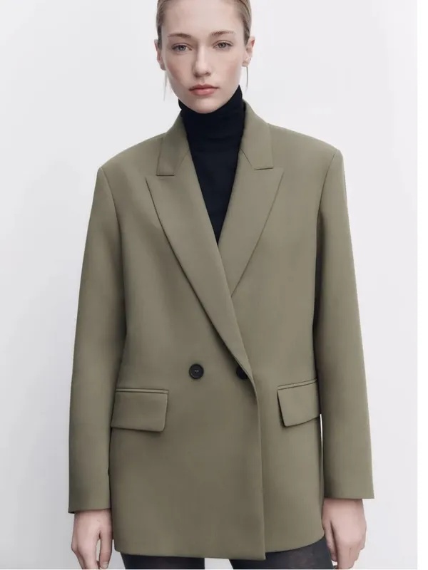 Zara Double Breasted Oversize Blazer In Khaki Womens Small Blogger Favorite - Image 2