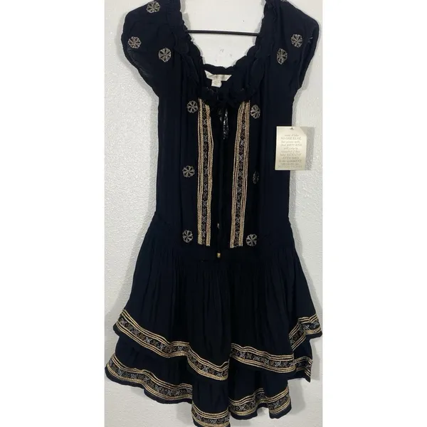 Boston Proper Black Embroidered Beaded Mini Floral Dress Scoop Neck Size S - Image 2