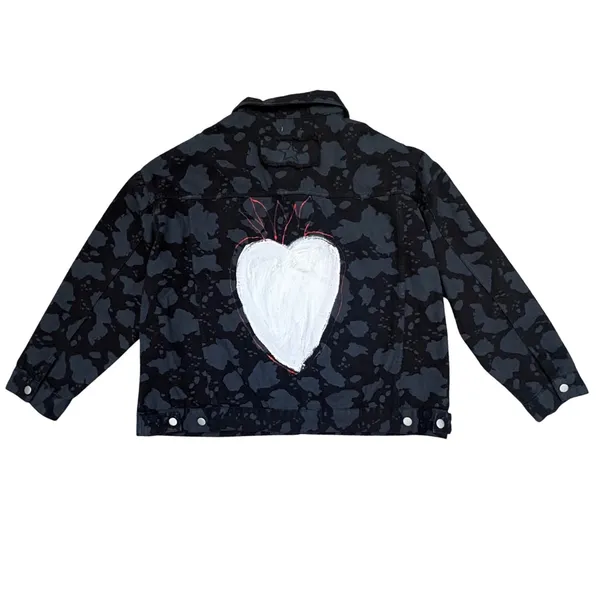 POL Denim Jacket Women LG‎ Black Camo Hand Painted Heart Graphic Streetwear Boho - Image 2