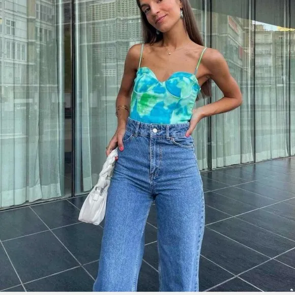 Blue/Green Watercolor Satin Effect Bustier Bodysuit - Image 2