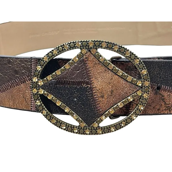 Y2K Chico’s Brown Patchwork Wide Belt M Rhinestone Geometric Buckle Boho Western - Image 4