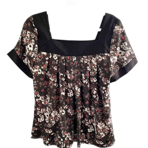 Apostrophe Brown Floral Blouse Flounce Sleeve Square Neck Relaxed Top Sz M - Image 2