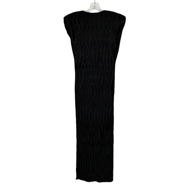 By ANTHROPOLOGIE Black Ruched V-Neck Side Slits Midi Dress Plissé Finish Size XS - Image 4