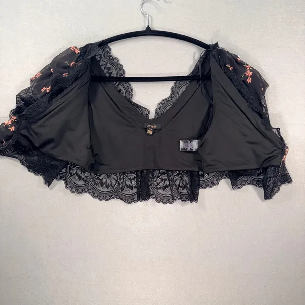 AFRM Gothic Victorian Floral Lace Ruffle Crop Top Front Closure Black Pink M - Image 4