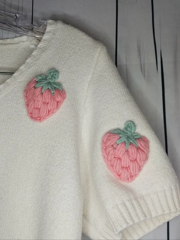 Luna Ivy Knitted Coquette Crop Top With 3D Textured Strawberry Appliques - Image 2