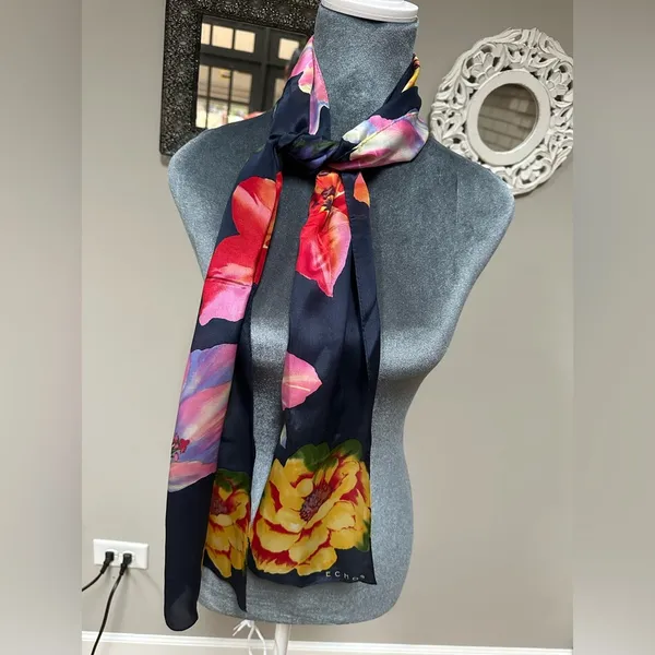 Navy blue large flower floral print echo scarf neck tie belt headband oblong - Image 3