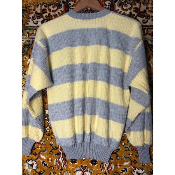90s VTG Oversized Butter Yellow Striped Ribbed Crewneck Cotton Knit Sweater sz L - Image 7