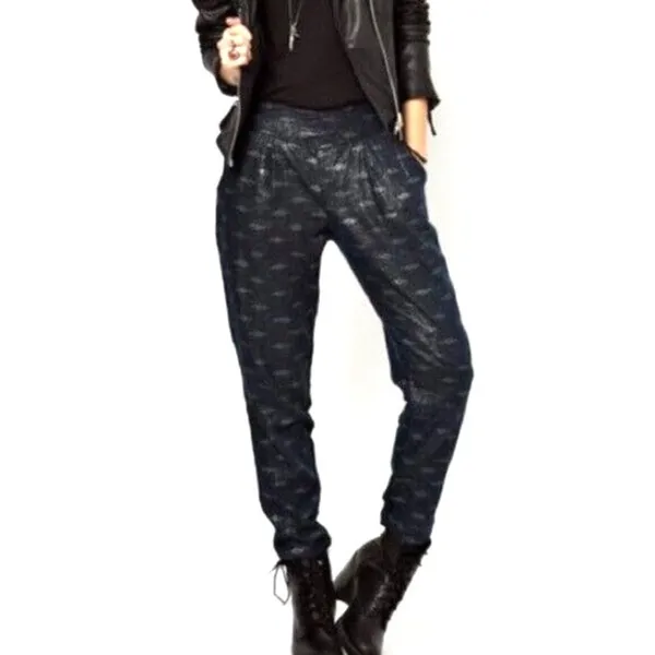 Free People Linen Blend Metallic Navy‎ Ikat Pattern Pants Size Small - Image 8