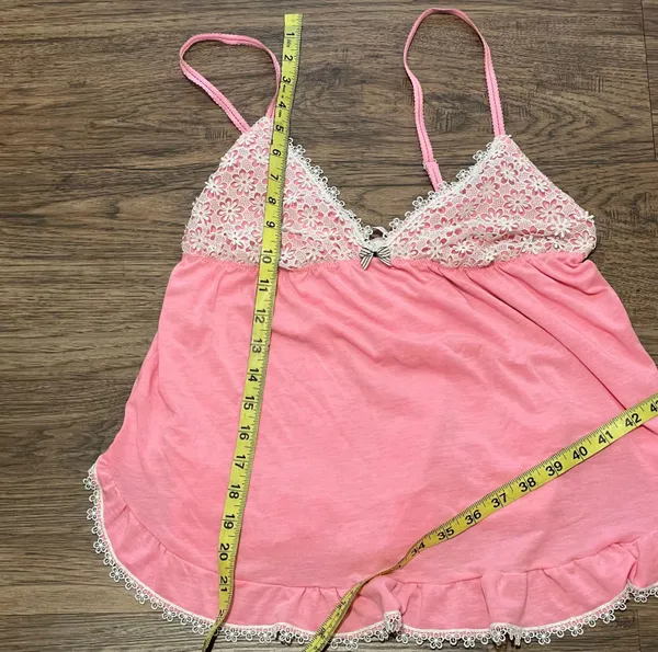 Victoria’s Secret Babydoll Pajama Tank Top Bubblegum Pink With Off White Daisy Coquette Lace Medium - Image 10
