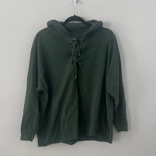 Aerie Lace Up Drawstring Oversized Hooded Sweatshirt Size S Evergreen - Image 2