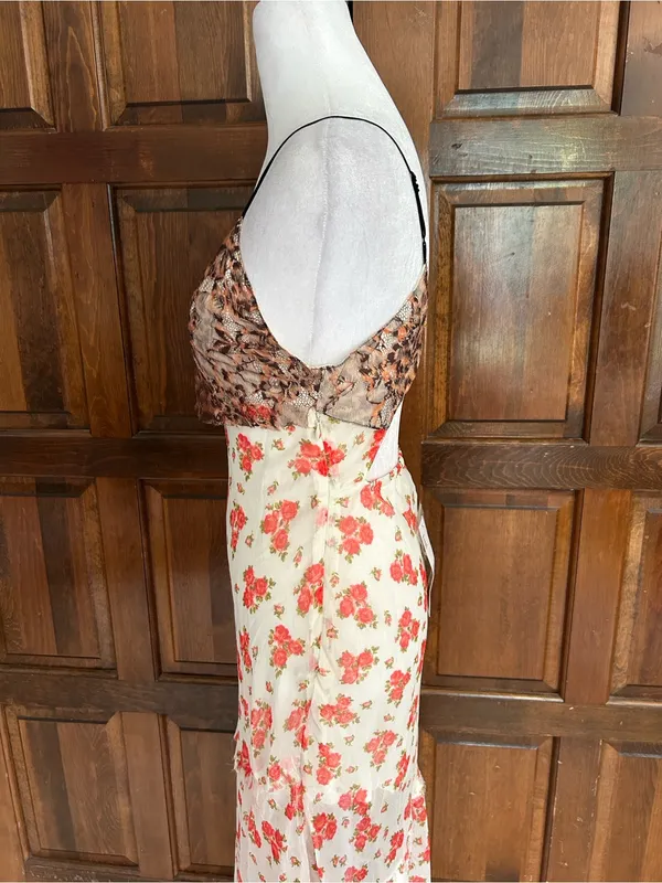 NWT Urban Outfitters‎ Harper Lace Printed Midi Dress Floral Slip Asymmetric XS - Image 3