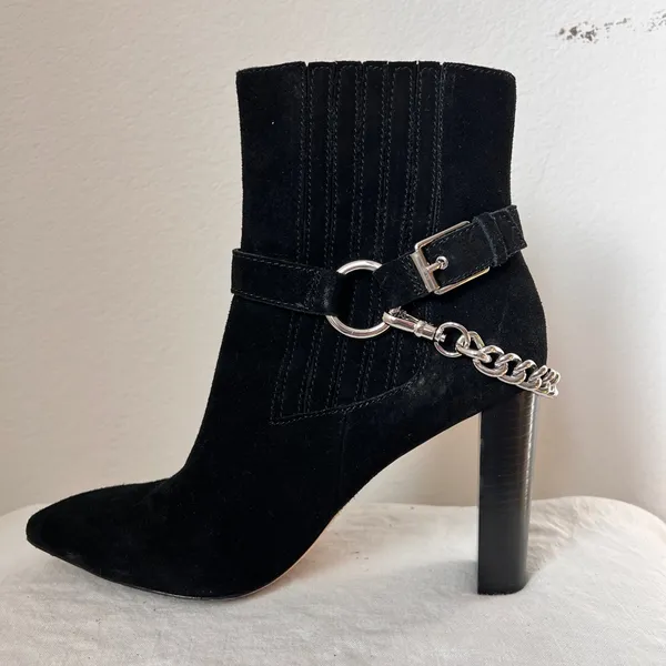 Paige London Black Suede Pointed Toe Heel Boots Chain Detail 9.5‎ - Image 5