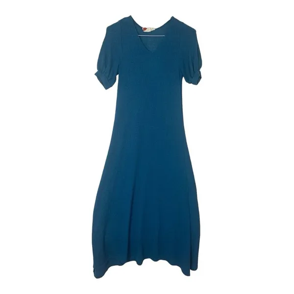 FP Beach women's size small blue knit Montauk midi sweater dress v neck puff sle - Image 3