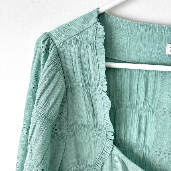 Frye & Co. Green Teal Eyelet Peplum Blouse Lace Floral Western Boho Flowy - Image 5