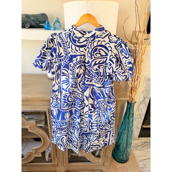 MSK Shift Shirt Dress Womens Blue White Paisley Puff Sleeve M - Image 4
