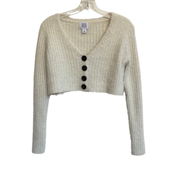 BDG Urban Outfitters Ivory Fuzzy‎ Cropped V-Neck Cardigan Sweater XS - Image 2