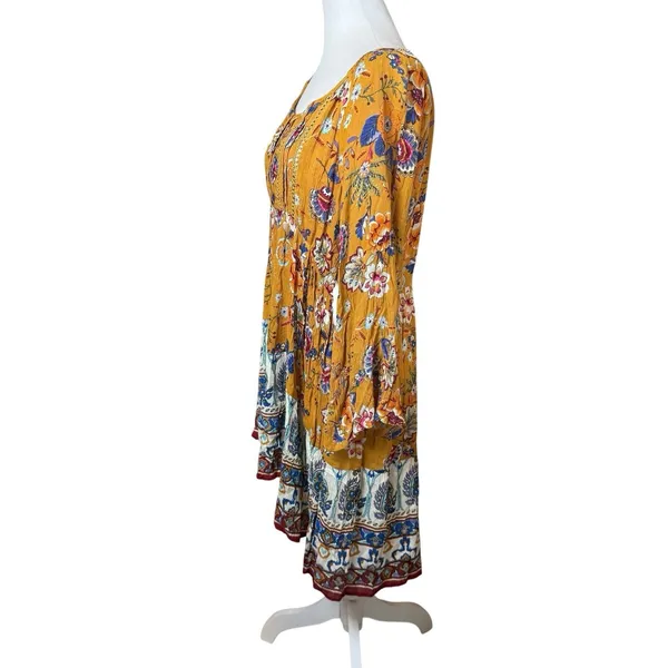 Altar'd State Boho Mini Dress Mustard Yellow Floral Medium Peasant Festival Chic - Image 4