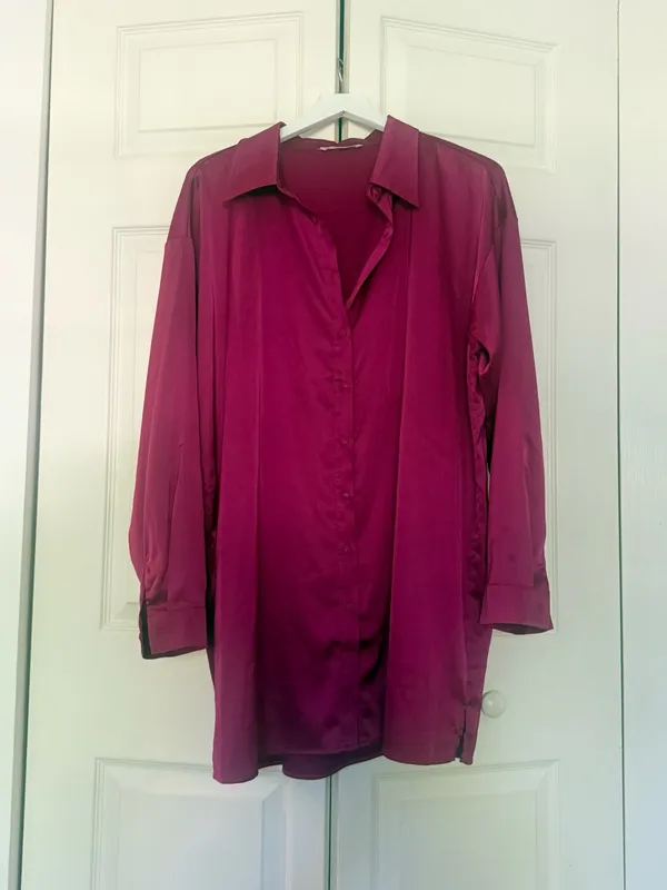 12th Tribe Hot Pink Satin Shiny Shirt Dress Button Down Collared Mini Large - Image 2