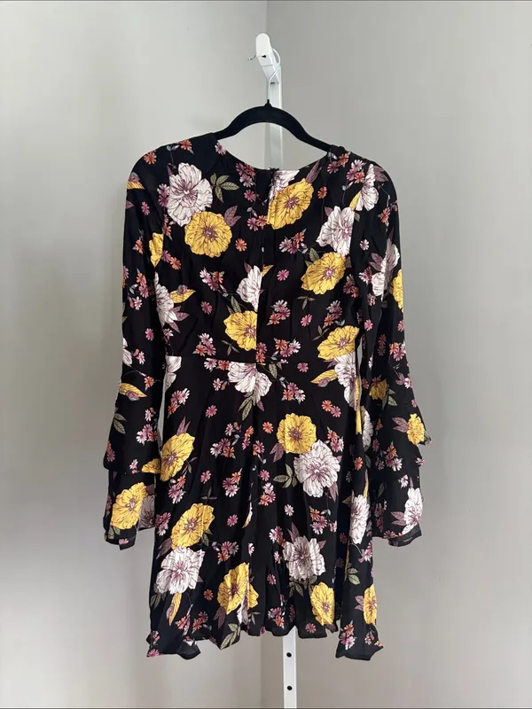 Altar'd State Juliette Boho Dress Black Floral Tiered Ruffle Bell Sleeves Sz S - Image 2