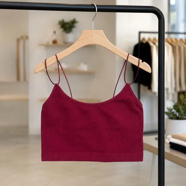Burgundy Ribbed Double Strap Cami Crop Top Y2K Soft Girl M - Image 3